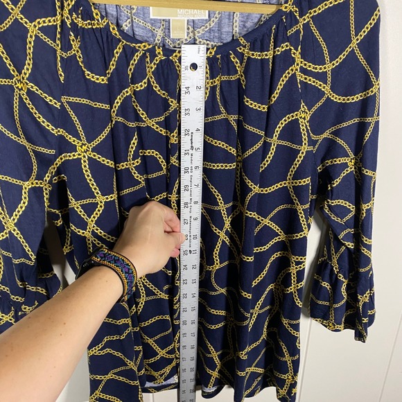 NWT MICHAEL KORS Women's Navy Gold Chain Print 3/4 Sleeve‎ Top Blouse Size L - Picture 12 of 15